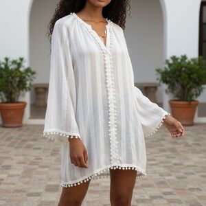 🆕Elegant White Pom-Pom Swim Cover-Up 100% linen